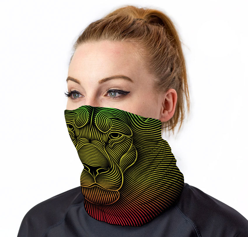 StonerDays Rasta Lion Roar Neck Gaiter worn by model, vibrant colors, front view