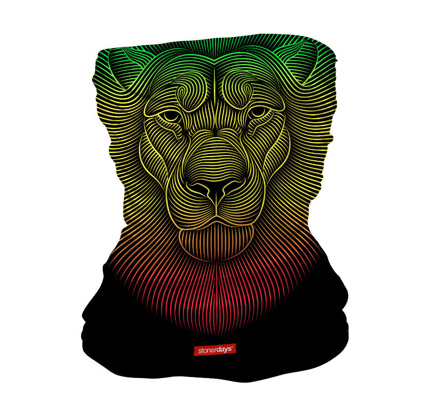 StonerDays Rasta Lion Roar Neck Gaiter featuring vibrant rasta colors on black background, front view