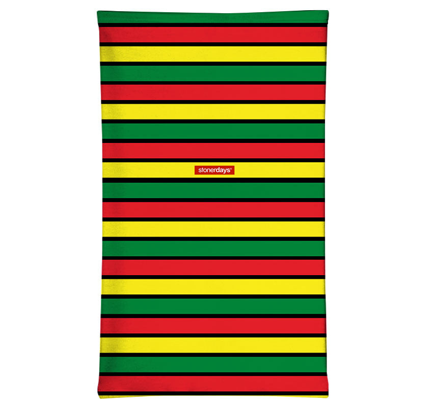 StonerDays Rasta Stripes Neck Gaiter in Red Yellow Green, Front View on White Background