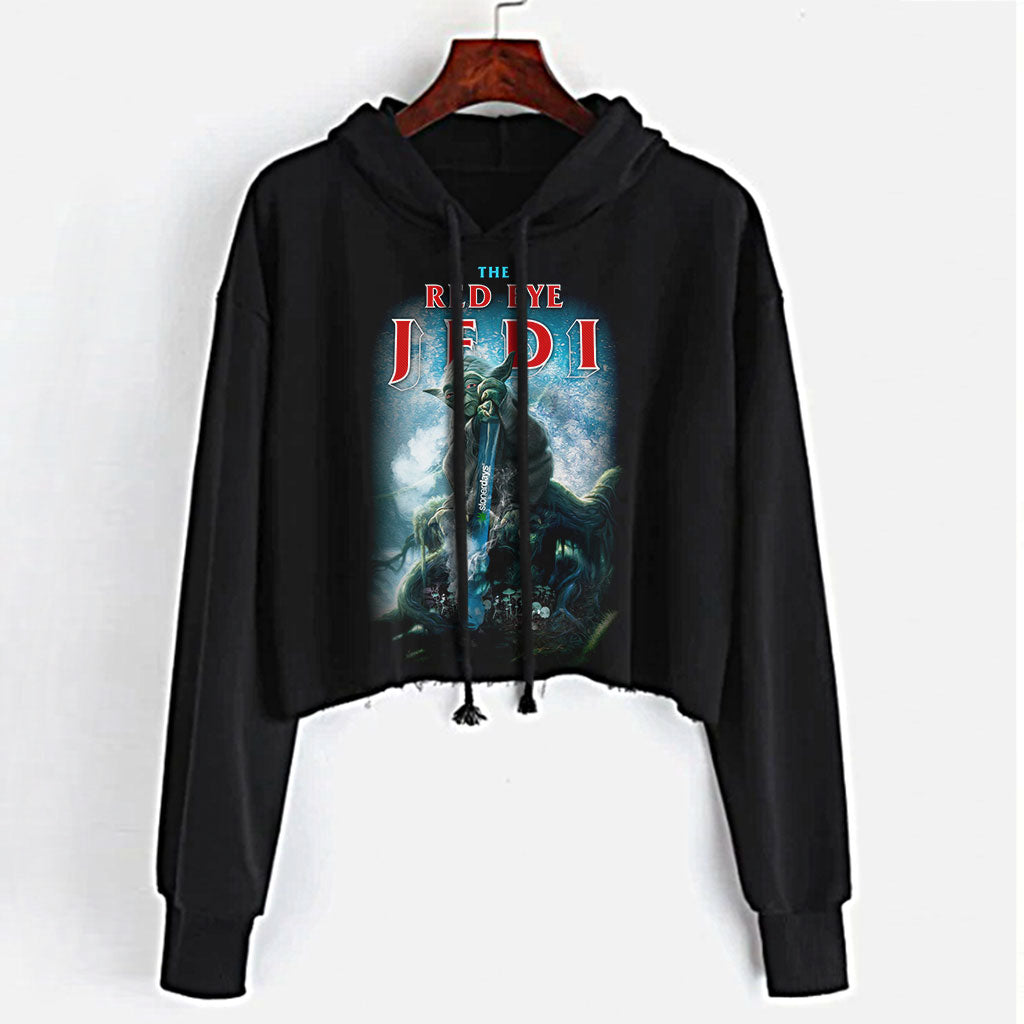StonerDays Red Eye Jedi Crop Top Hoodie for Women, Front View on Hanger