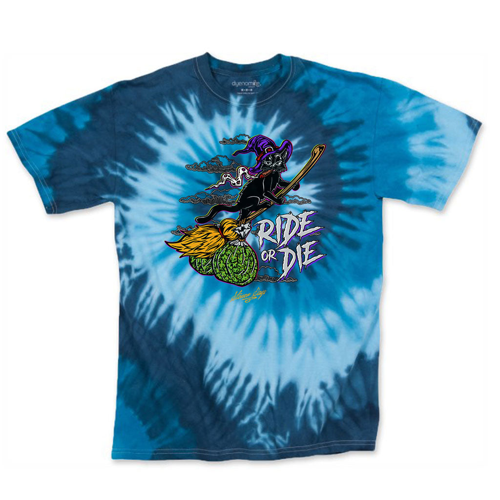 StonerDays Ride Or Die Kitty T-shirt in blue tie-dye with vibrant graphic front view
