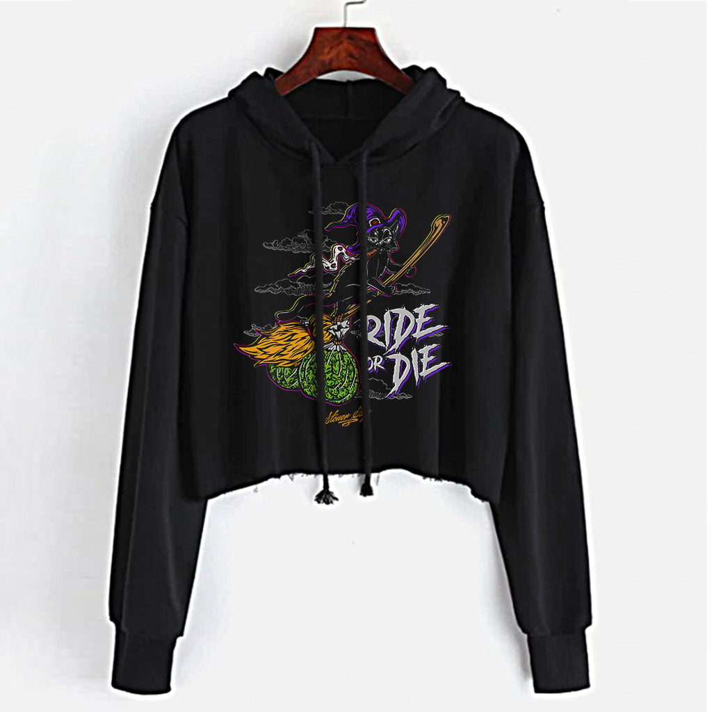 StonerDays Ride Or Die Kitty Crop Top Hoodie in black, front view on hanger