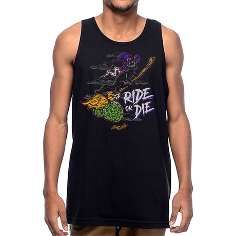 StonerDays Ride Or Die Kitty Tank top in black, front view on male model, sizes S to 3XL, cotton blend