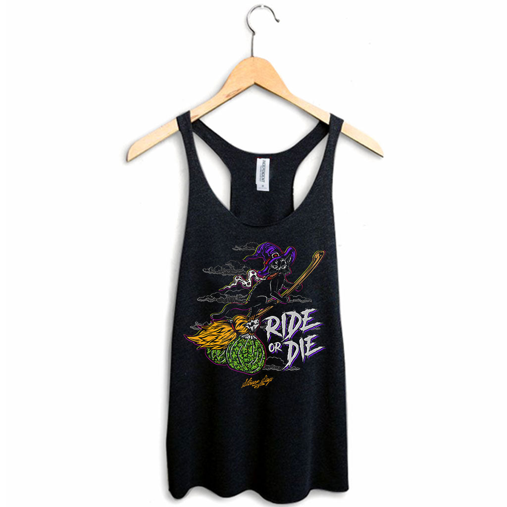 StonerDays Ride Or Die Kitty Women's Racerback Tank Top in Black - Front View