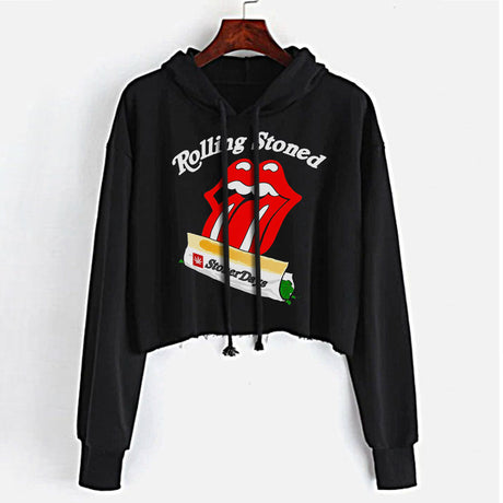 StonerDays Rolling Stoned Crop Top Hoodie in black, front view on hanger, for women, sizes S-XL