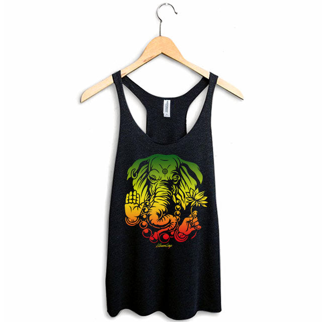 StonerDays Sacred Elephant Racerback tank top in black, sizes S-XL, hanging on a wooden hanger