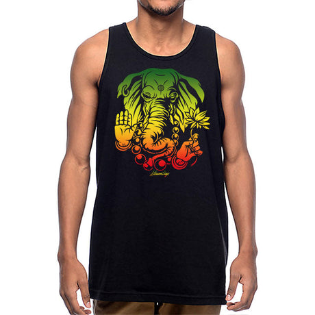 StonerDays Sacred Elephant Tank, black cotton blend, front view on male model, sizes S-XXXL