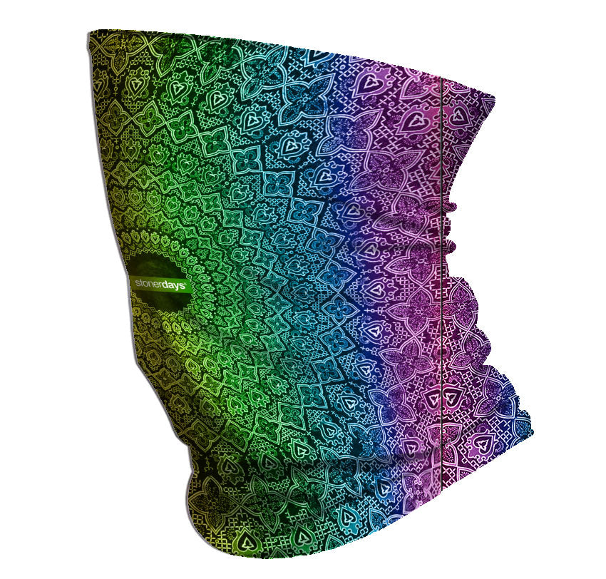 StonerDays Sacred Rainbow 420 Neck Gaiter with vibrant psychedelic pattern, side view