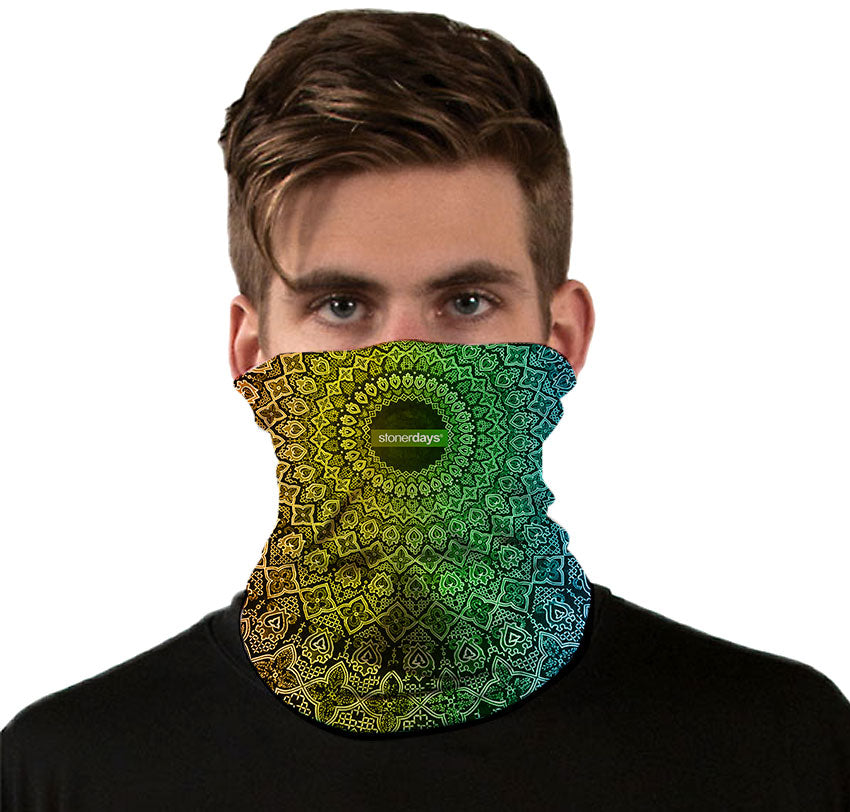 StonerDays Sacred Rainbow 420 Neck Gaiter, vibrant multi-color design, front view on model