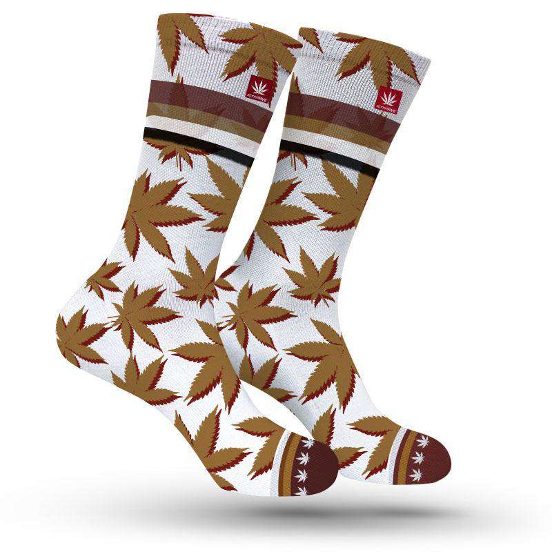 StonerDays San Francisco themed socks with marijuana leaf pattern in gold and red, one size fits all