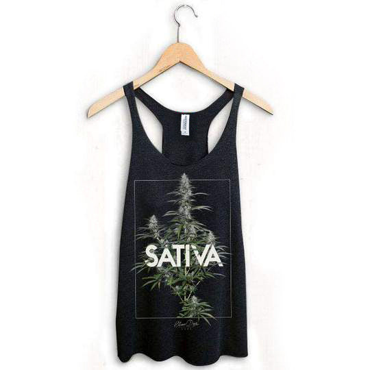 StonerDays Sativa Racerback tank top in black, front view on hanger, for women, cotton blend