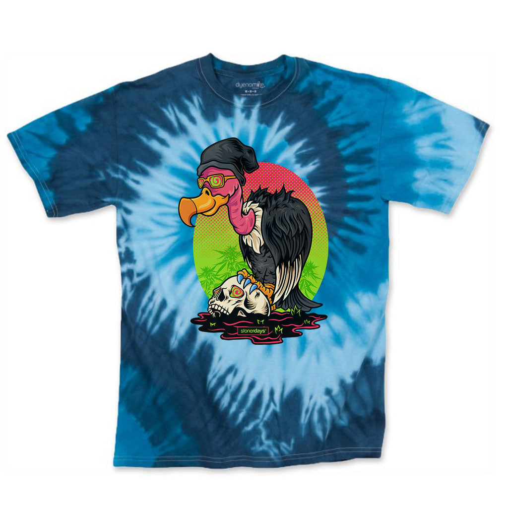 StonerDays Scavenger Hunt T-shirt in blue tie dye with Sherlock design, front view on white background.