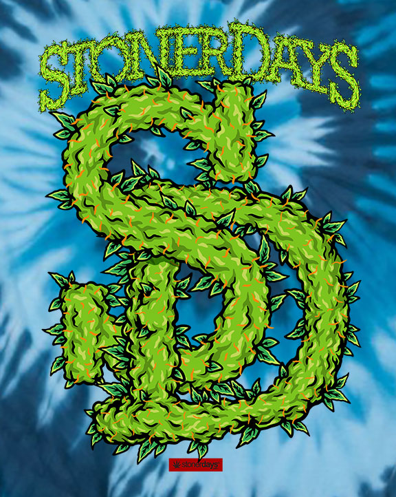 StonerDays blue tie-dye t-shirt with green leafy logo, front view on cotton fabric