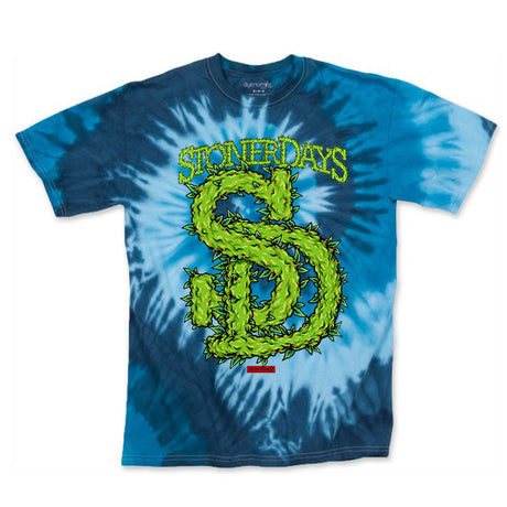 StonerDays SD Leafy Logo on Blue Tie Dye T-Shirt, Cotton, Front View