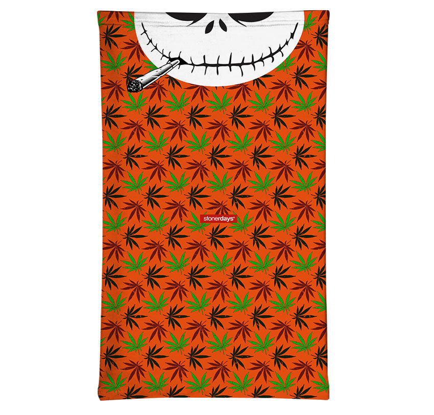 StonerDays Skellington Neck Gaiter in orange with green leaf pattern and gray skull design