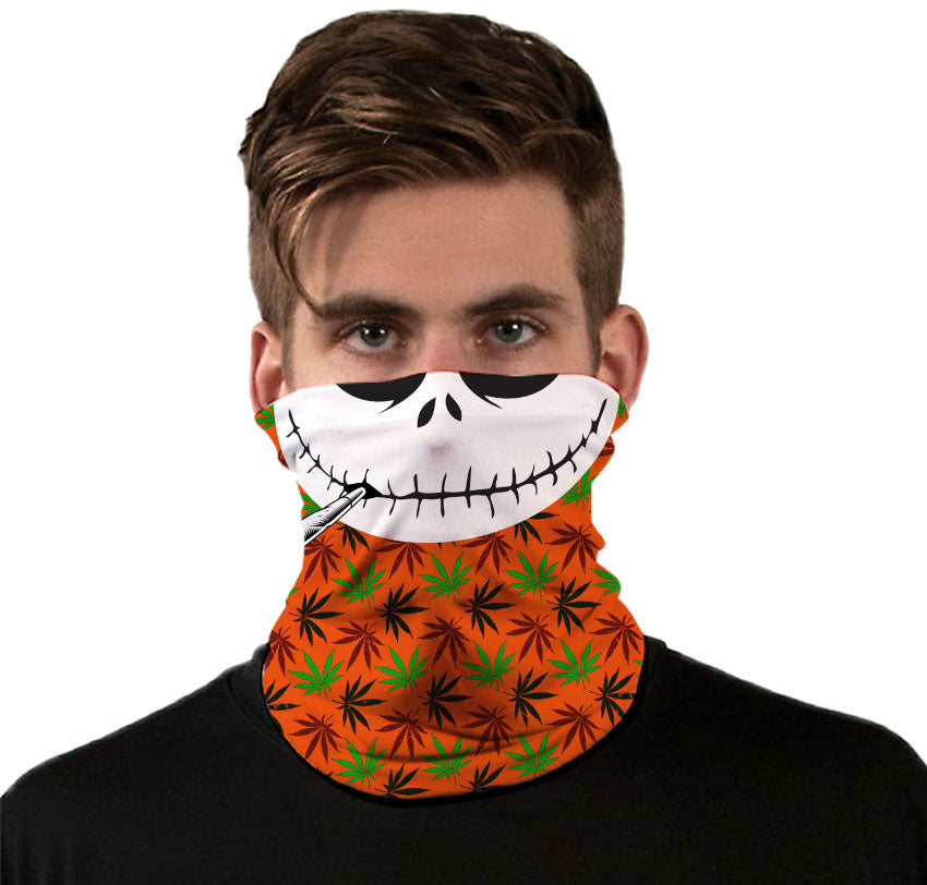 StonerDays Skellington Neck Gaiter featuring cannabis leaf design in orange and green