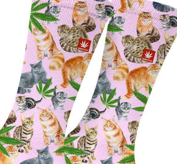 StonerDays Smoke Meowt Socks with cannabis & cat prints on pink background, size L