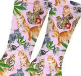 StonerDays Smoke Meowt Socks with cannabis & cat prints on pink background, size L