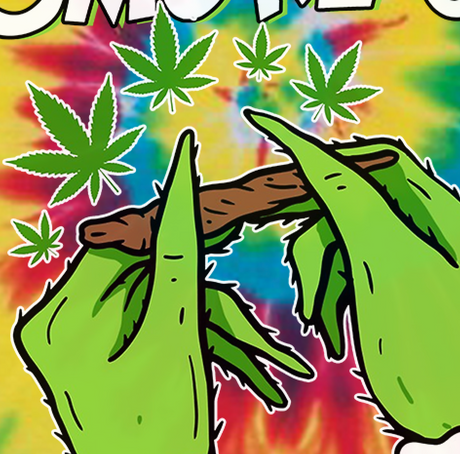 StonerDays Smoke Up Grinches T-shirt with vibrant rainbow tie-dye design and cannabis leaf graphics