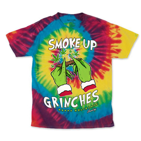 StonerDays Smoke Up Grinches T-Shirt in Rainbow Tie Dye with Festive Graphic, Front View