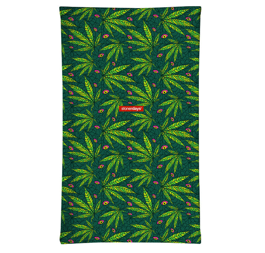 StonerDays Snake Eyes OG Pattern Neck Gaiter in vibrant green with leaf design, front view on white background