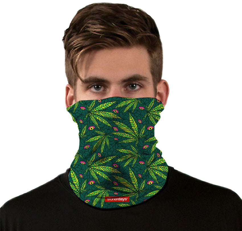 StonerDays Snake Eyes Og Pattern Neck Gaiter worn by model, front view, vibrant leaf design