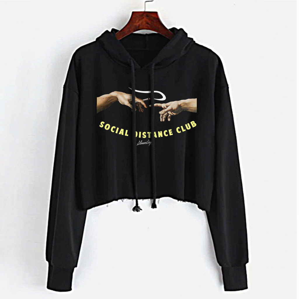 StonerDays Social Distance Club Crop Top Hoodie for Women, Black Cotton, Front View