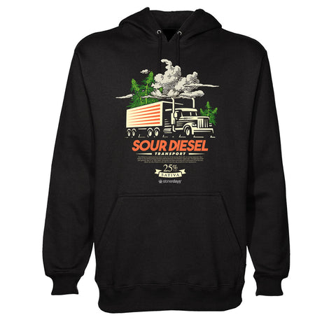 StonerDays Sour Diesel Hoodie in black with graphic print, front view on a white background