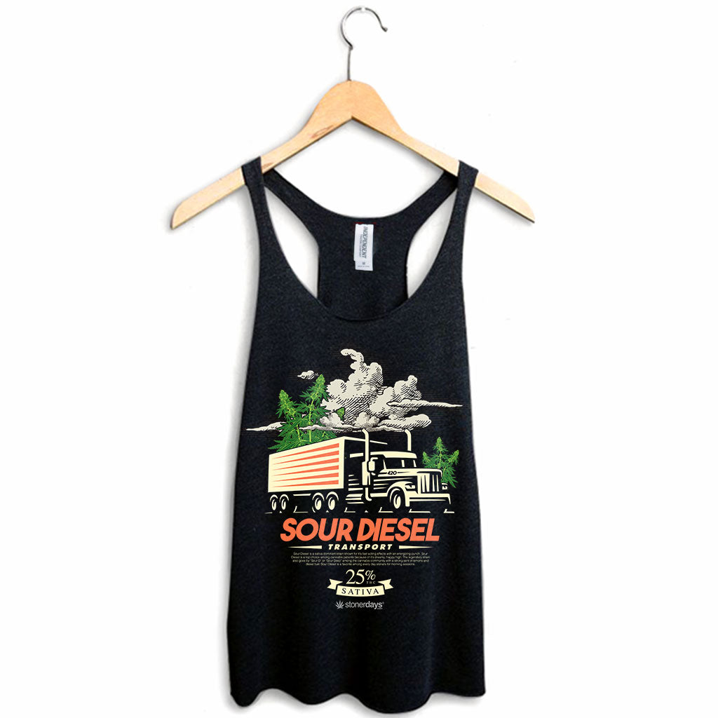 StonerDays Sour Diesel Racerback tank top in black, front view on hanger, for women, cotton blend