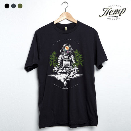 StonerDays Space Concentration Hemp Tee in Caviar Black, unisex fit, front view on hanger