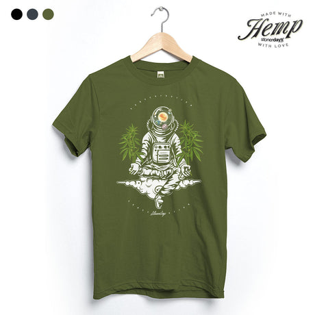 StonerDays Space Concentration Hemp Tee in Herb Green, front view on hanger