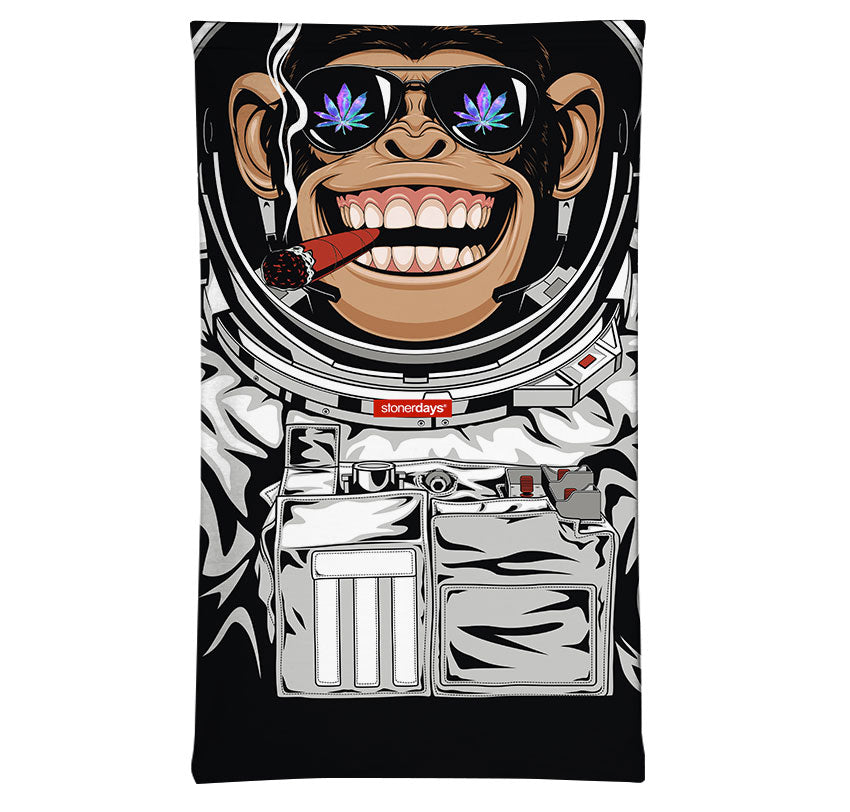 StonerDays Space Monkey Neck Gaiter featuring astronaut monkey with blunt, front view on white background