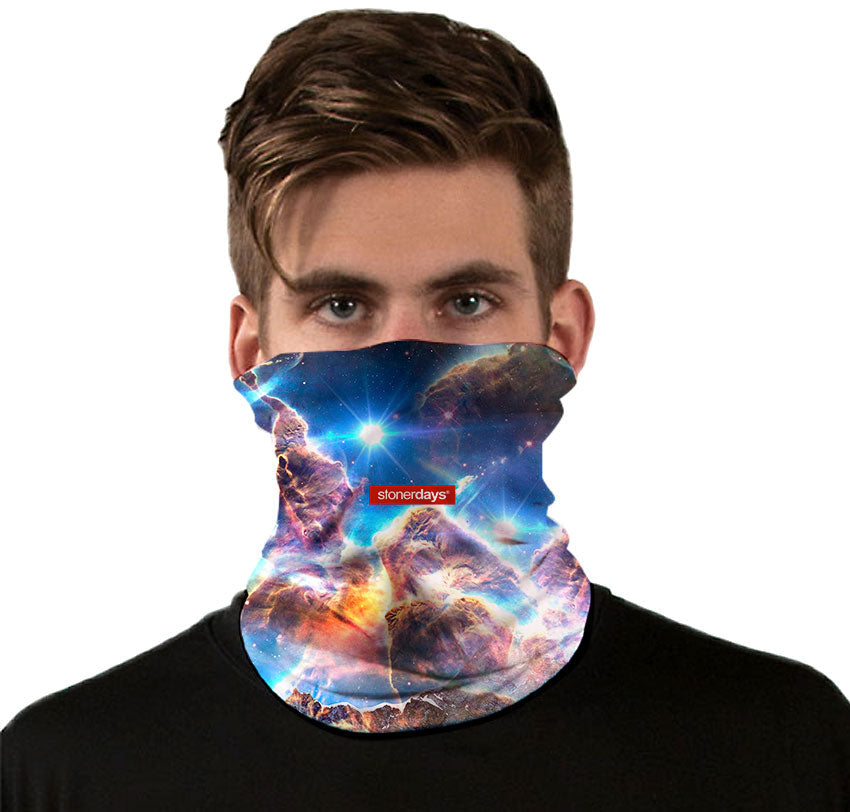 StonerDays Space Mountain OG Neck Gaiter on model, cosmic design, versatile headwear option