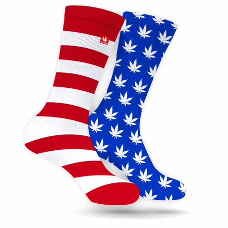 StonerDays Stars And Stripes Socks, Red & White Stripes and Blue with White Leaves