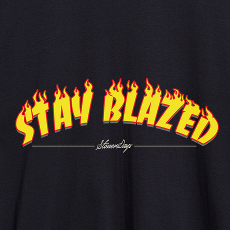 StonerDays Stay Blazed Flames Crop Top Hoodie, black with fiery text design, close-up view
