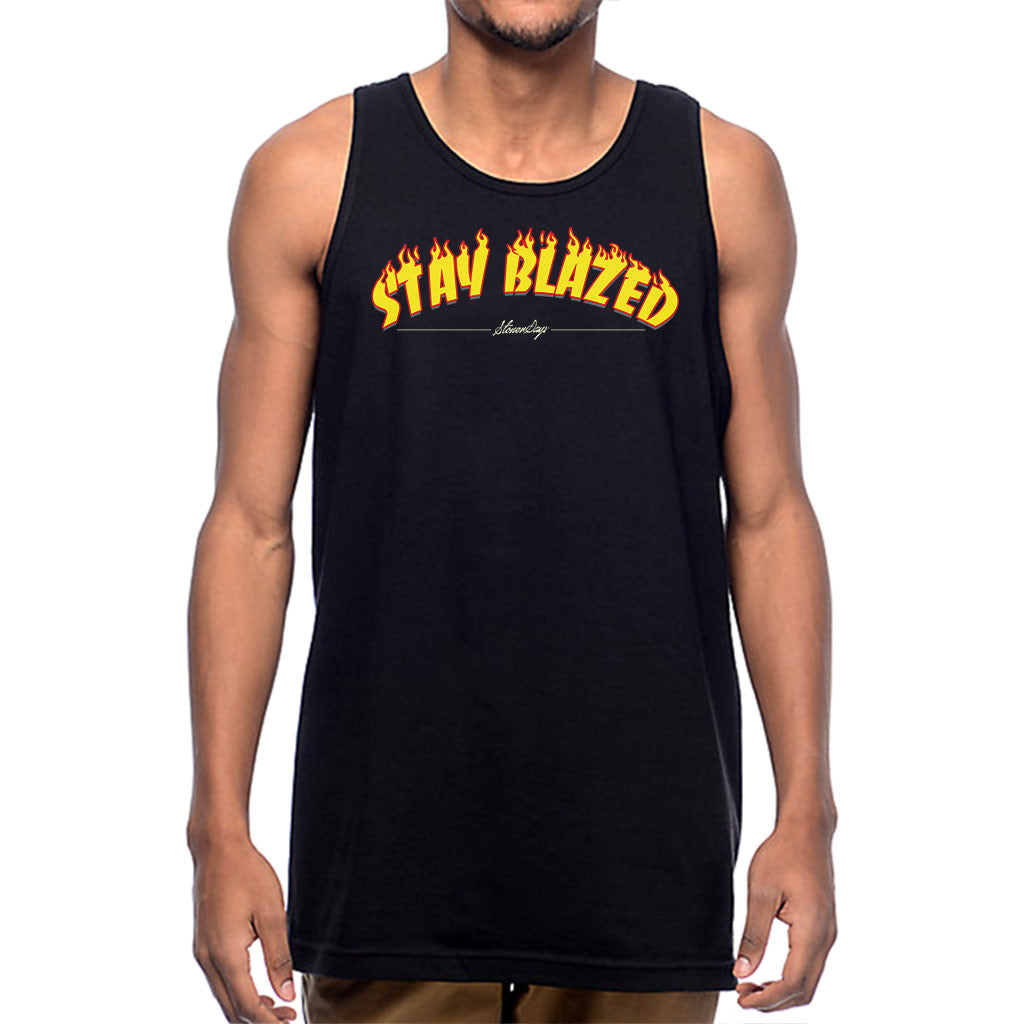 StonerDays Stay Blazed Flames Men's Tank Top in Black Cotton, Front View