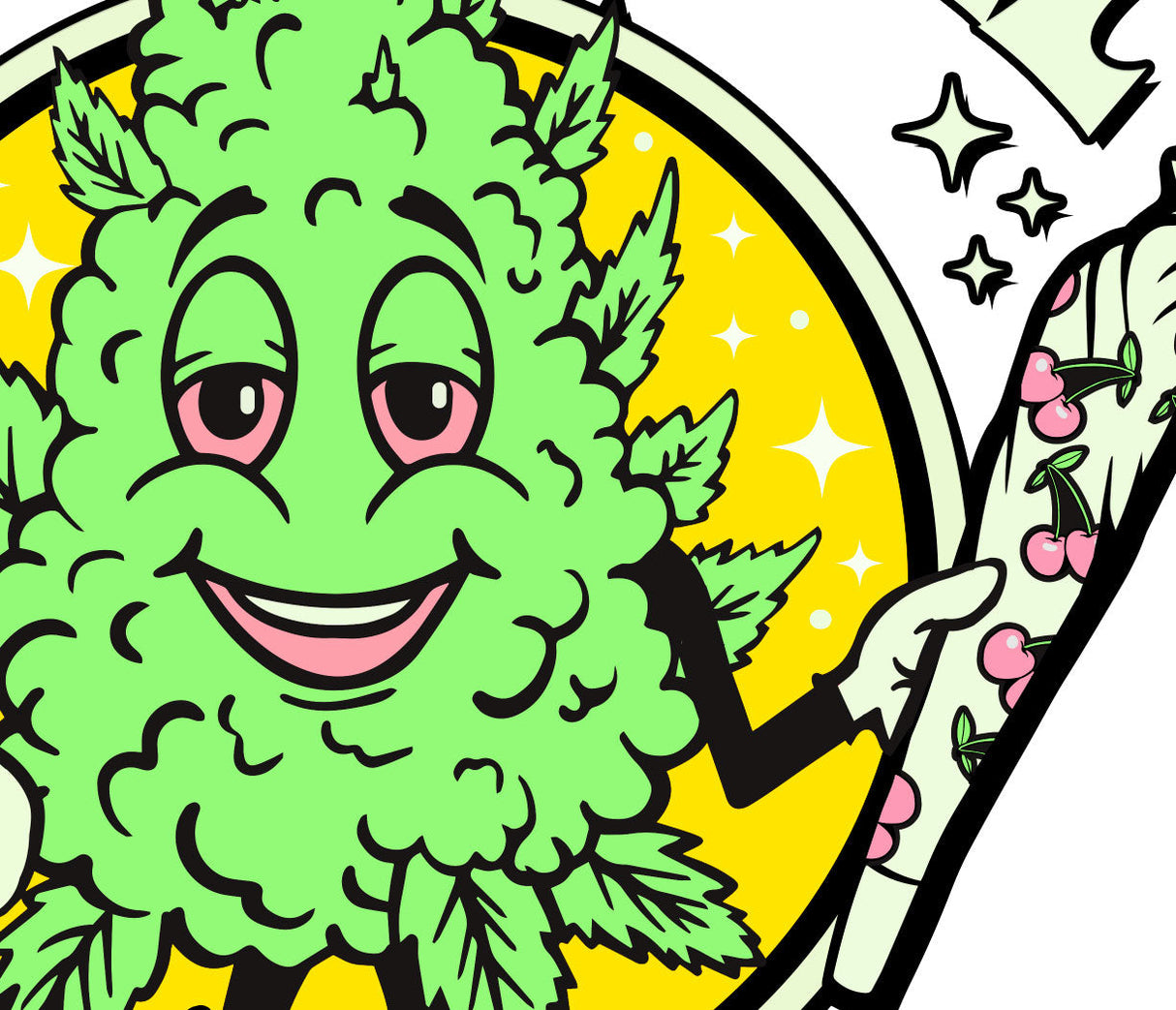 Close-up of StonerDays Stay Chil White Tee graphic with smiling cannabis leaf design