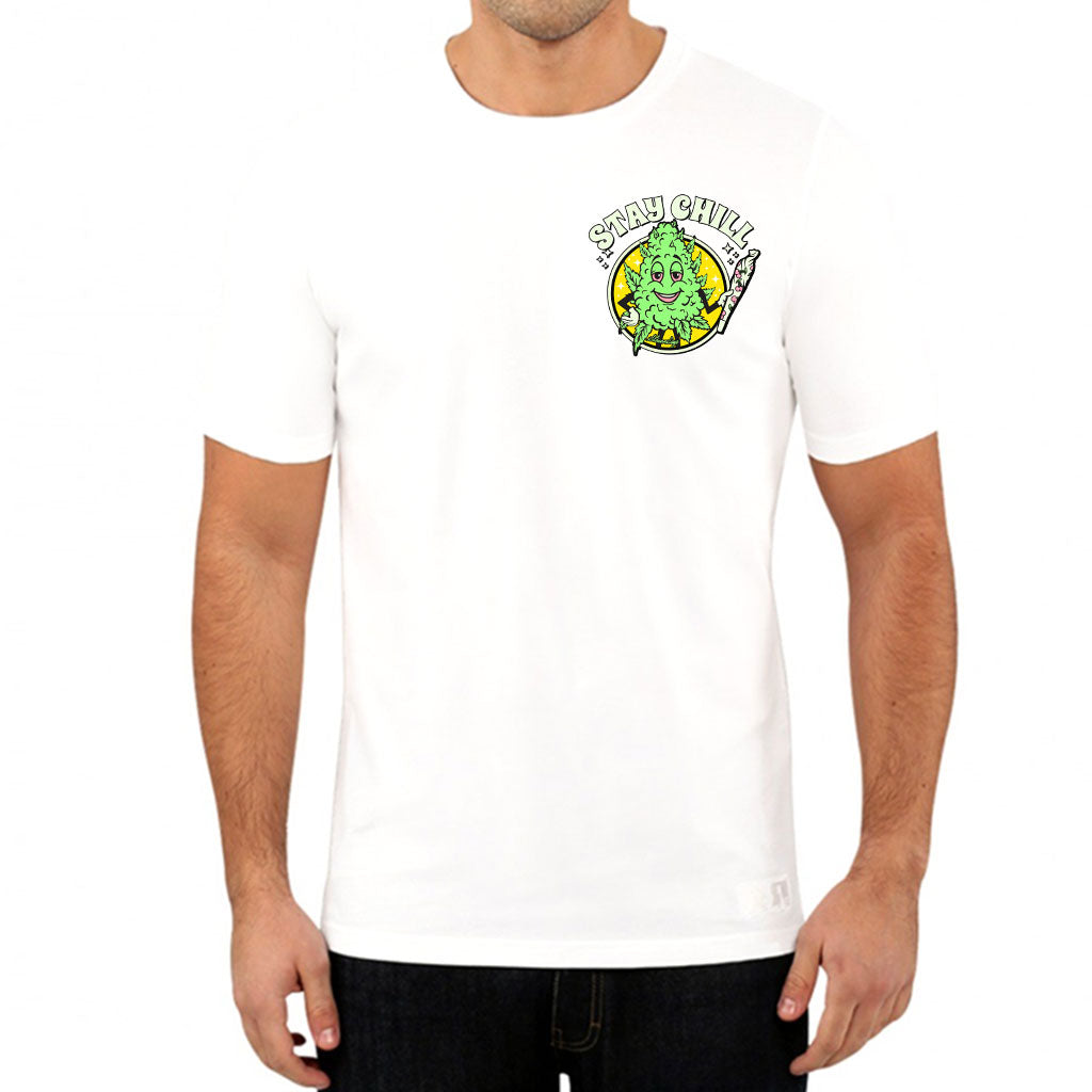 StonerDays Stay Chil White Cotton Tee front view with vibrant green graphic