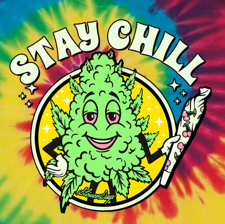 StonerDays Stay Chill T-Shirt in Rainbow Tie Dye with Cartoon Graphic, Unisex Cotton Apparel