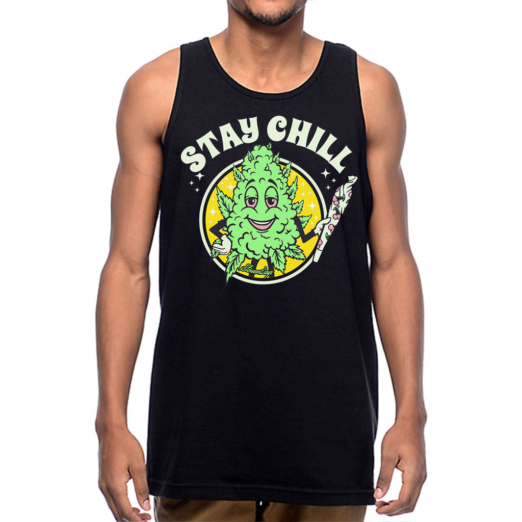 StonerDays Stay Chill Men's Tank Top in black with vibrant graphic print, front view on a model