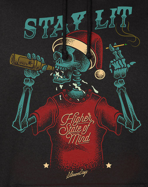 StonerDays Stay Lit Hoodie featuring a skull graphic, cotton blend, front view on black background