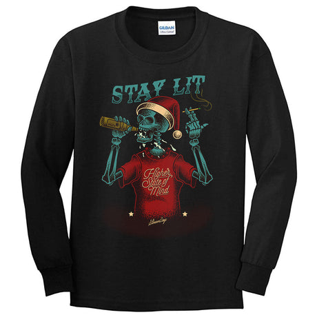 StonerDays Stay Lit Long Sleeve Shirt with Skeleton Graphic, Men's Cotton Apparel, Front View