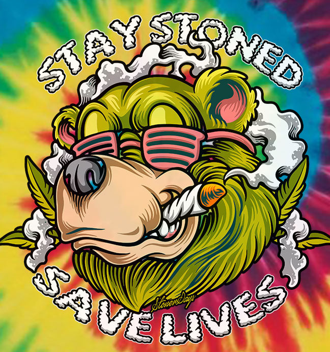 StonerDays Stay Stoned Save Lives Tee with vibrant rainbow tie dye background, front view