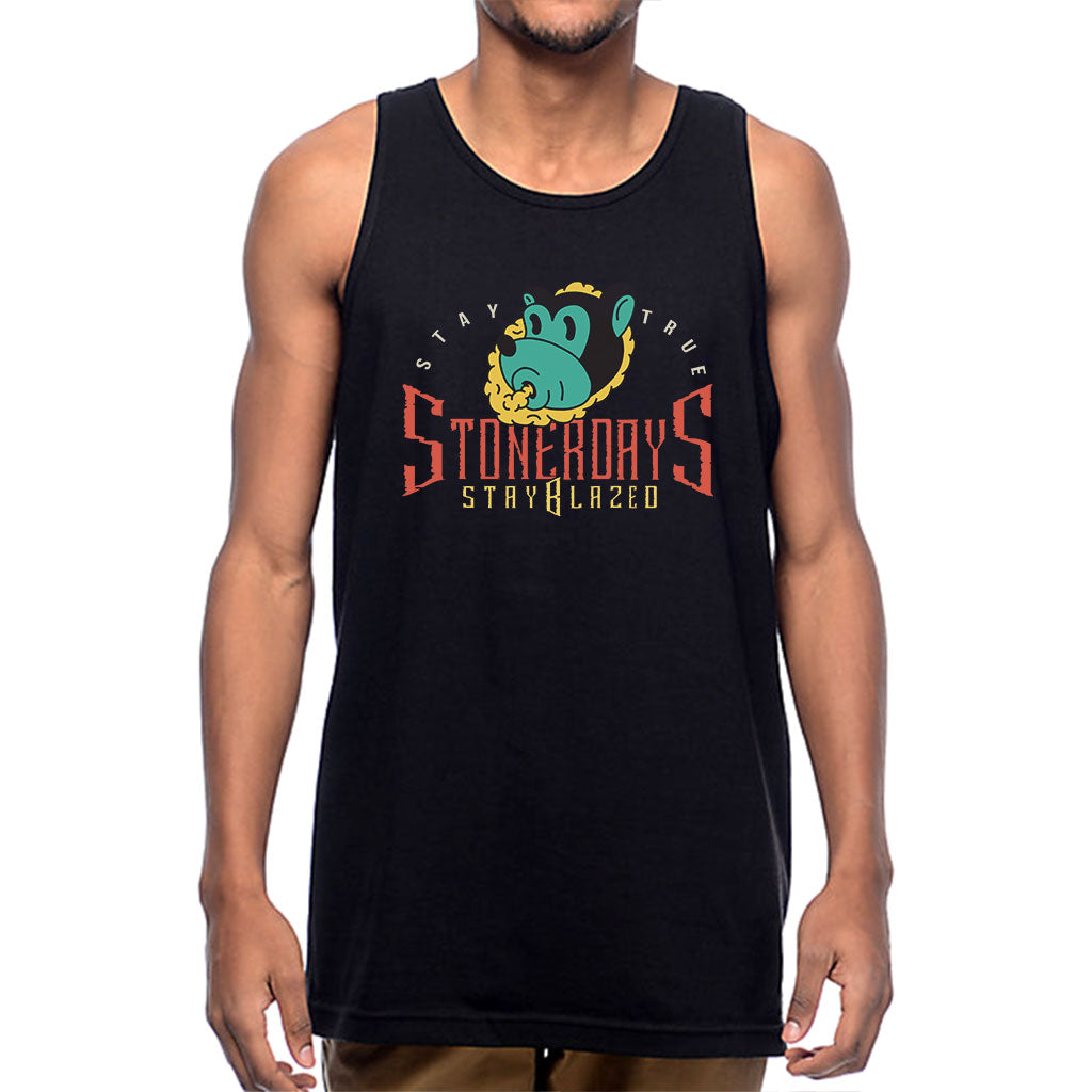 StonerDays Stay True Bear graphic men's black cotton tank top, front view on model