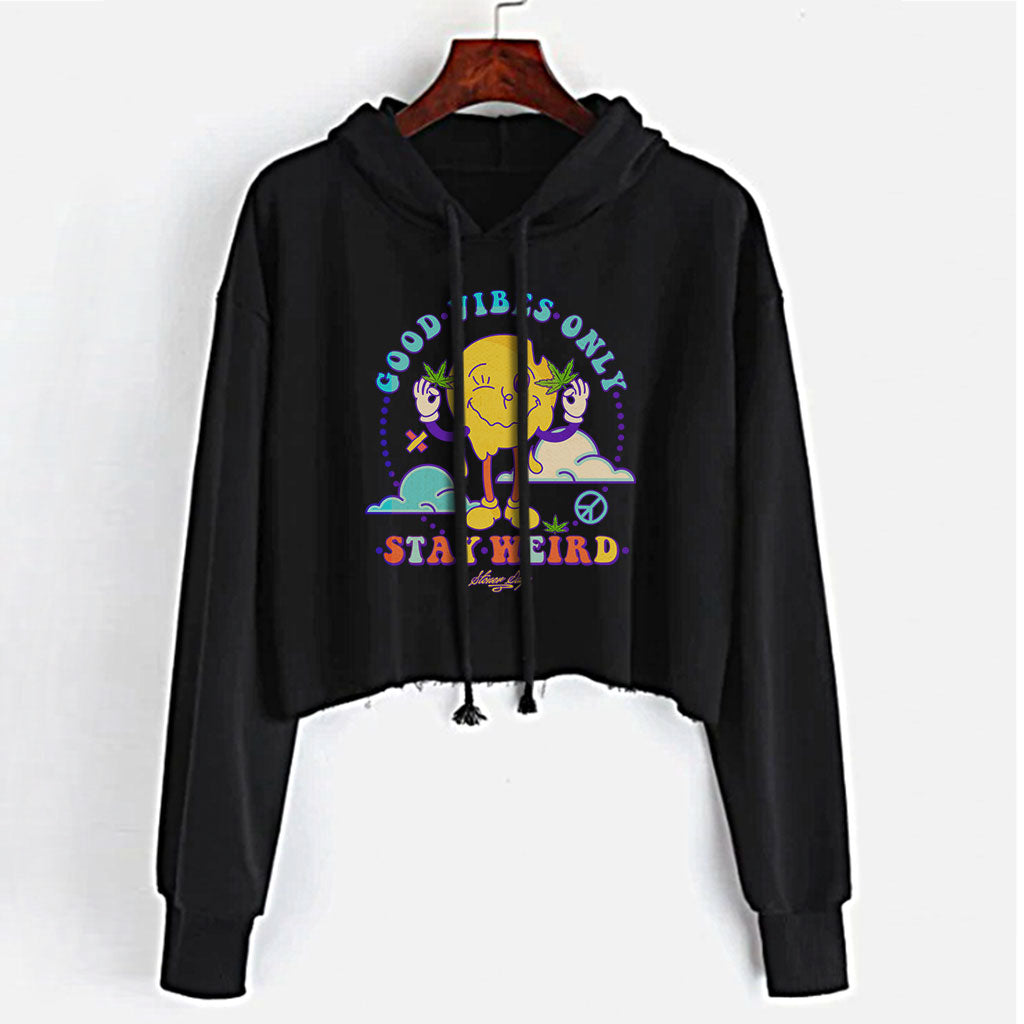 StonerDays Stay Weird Women's Crop Top Hoodie in Black, Front View on Hanger