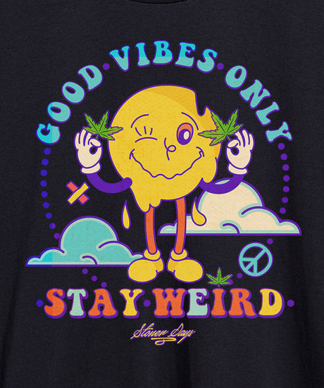 StonerDays Stay Weird Hemp Tee close-up, featuring quirky graphic design on black fabric