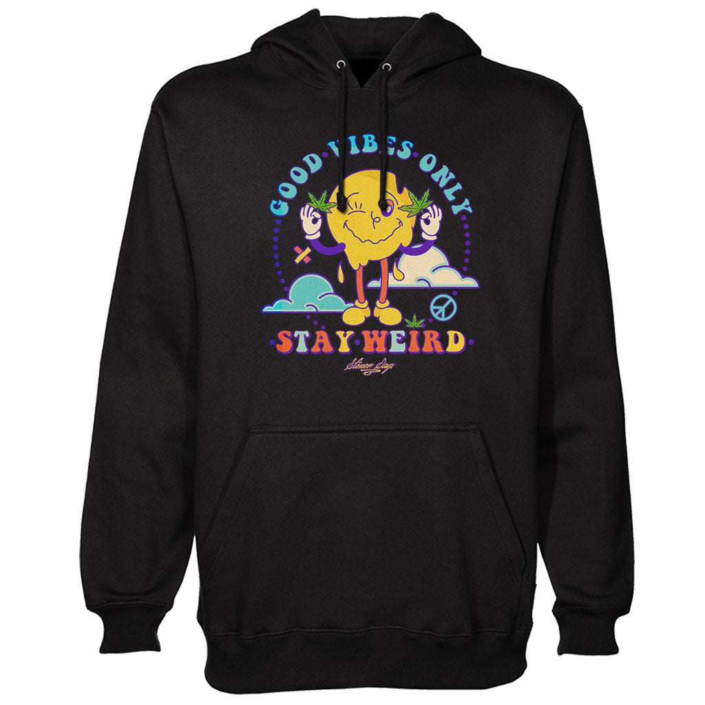 StonerDays Stay Weird Hoodie in black, front view, sizes S to XXL, with colorful graphic print