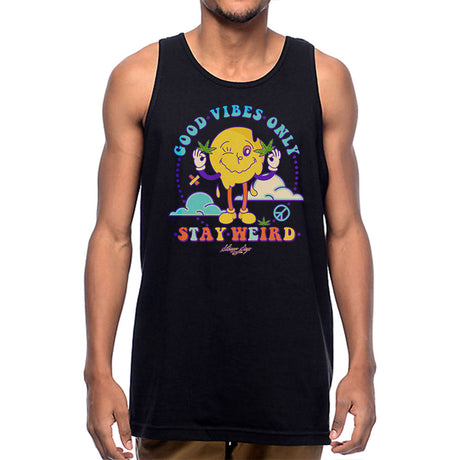 Front view of StonerDays Stay Weird Tank in black, featuring colorful print, available in S to XXXL
