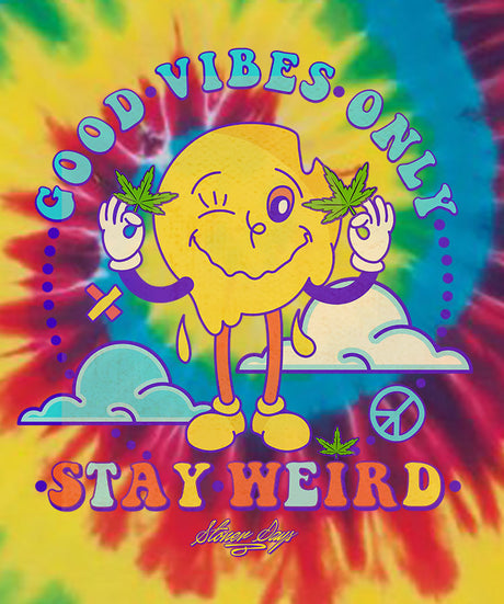 StonerDays Stay Weird Tie Dye Tee featuring vibrant colors and funky graphics, front view on white background