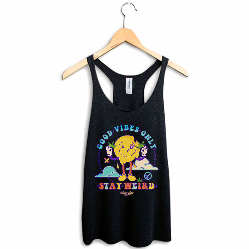 StonerDays Stay Weird Women's Racerback Tank Top in Black - Front View